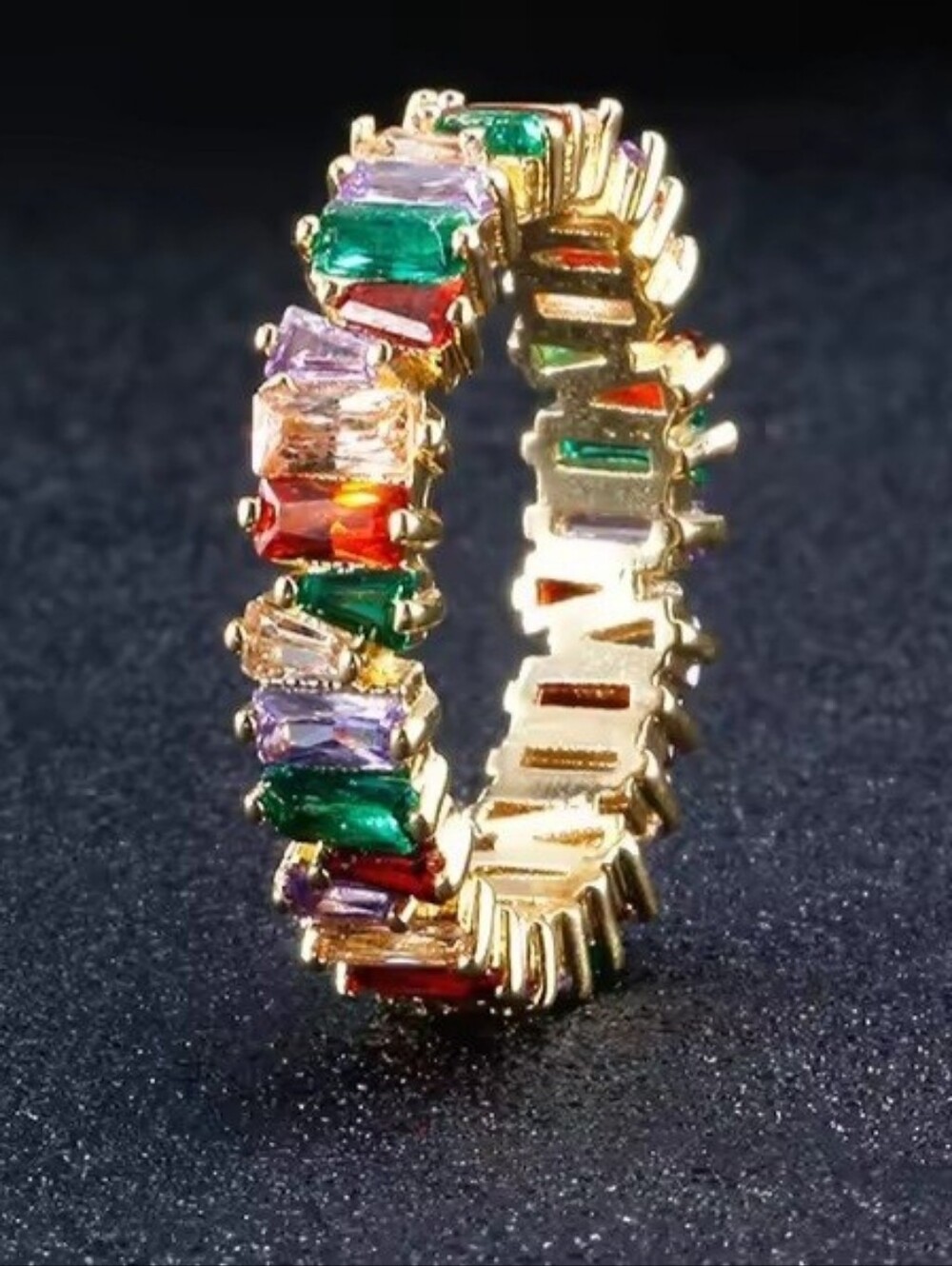 Gold Tone Rainbow Baguette Eternity Ring Size 7 Multicolor CZ Band Women Gift